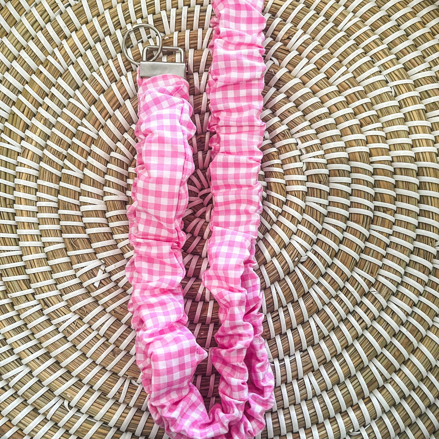Pink gingham scrunchie lanyard
