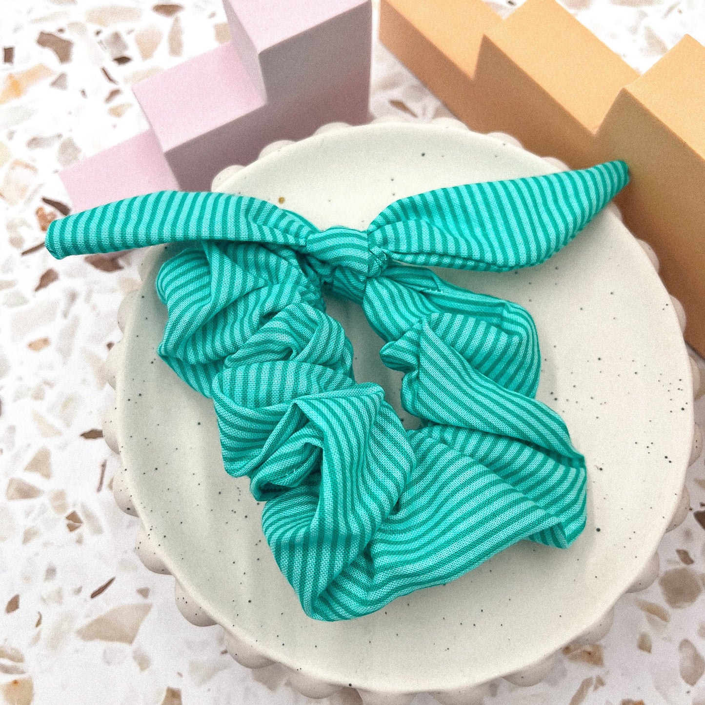 Turquoise stripe scrunchie bow