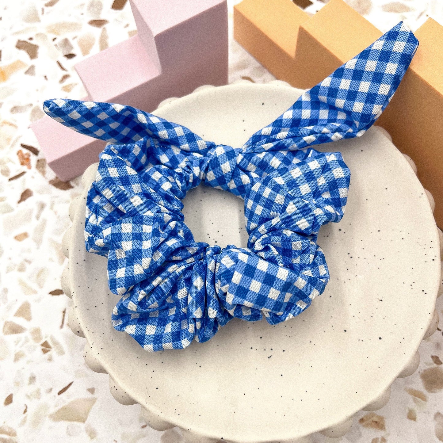 Bright blue gingham scrunchie bow