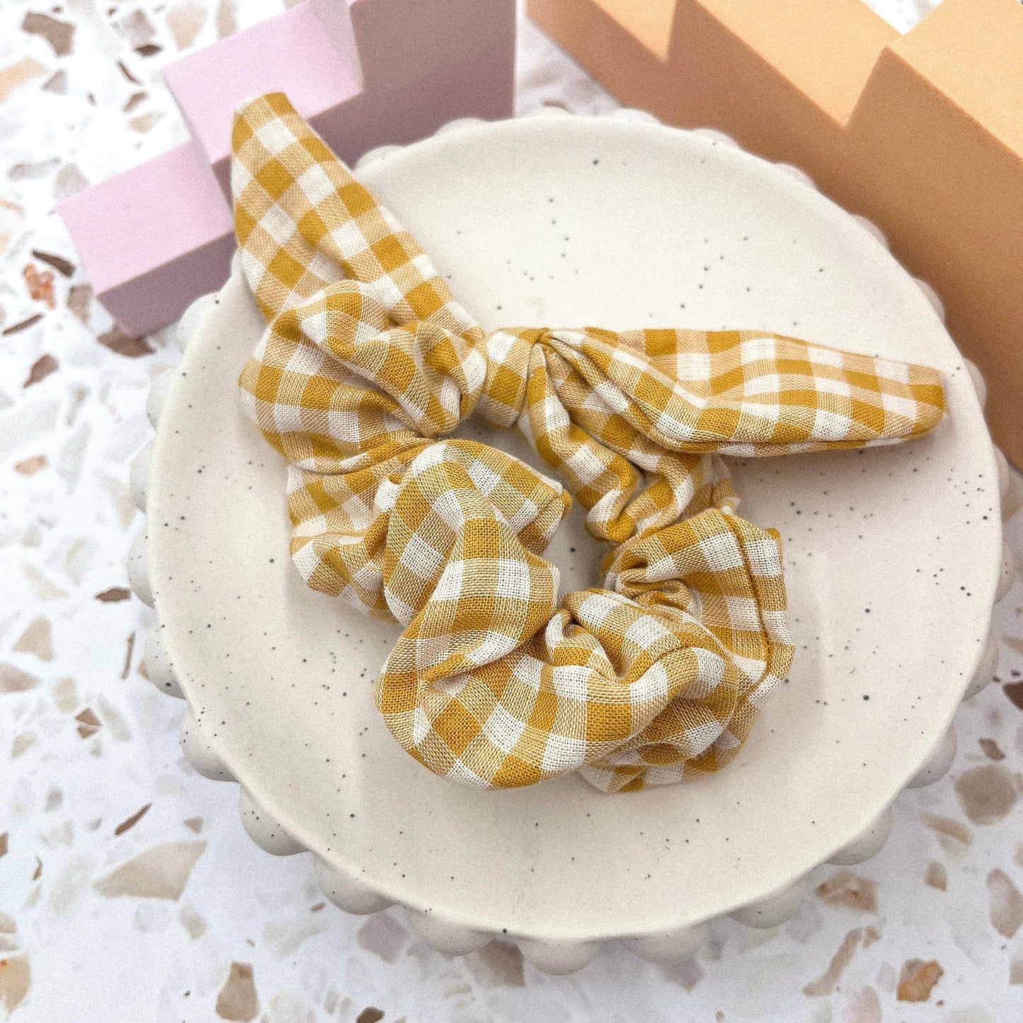 Beige gingham scrunchie bow