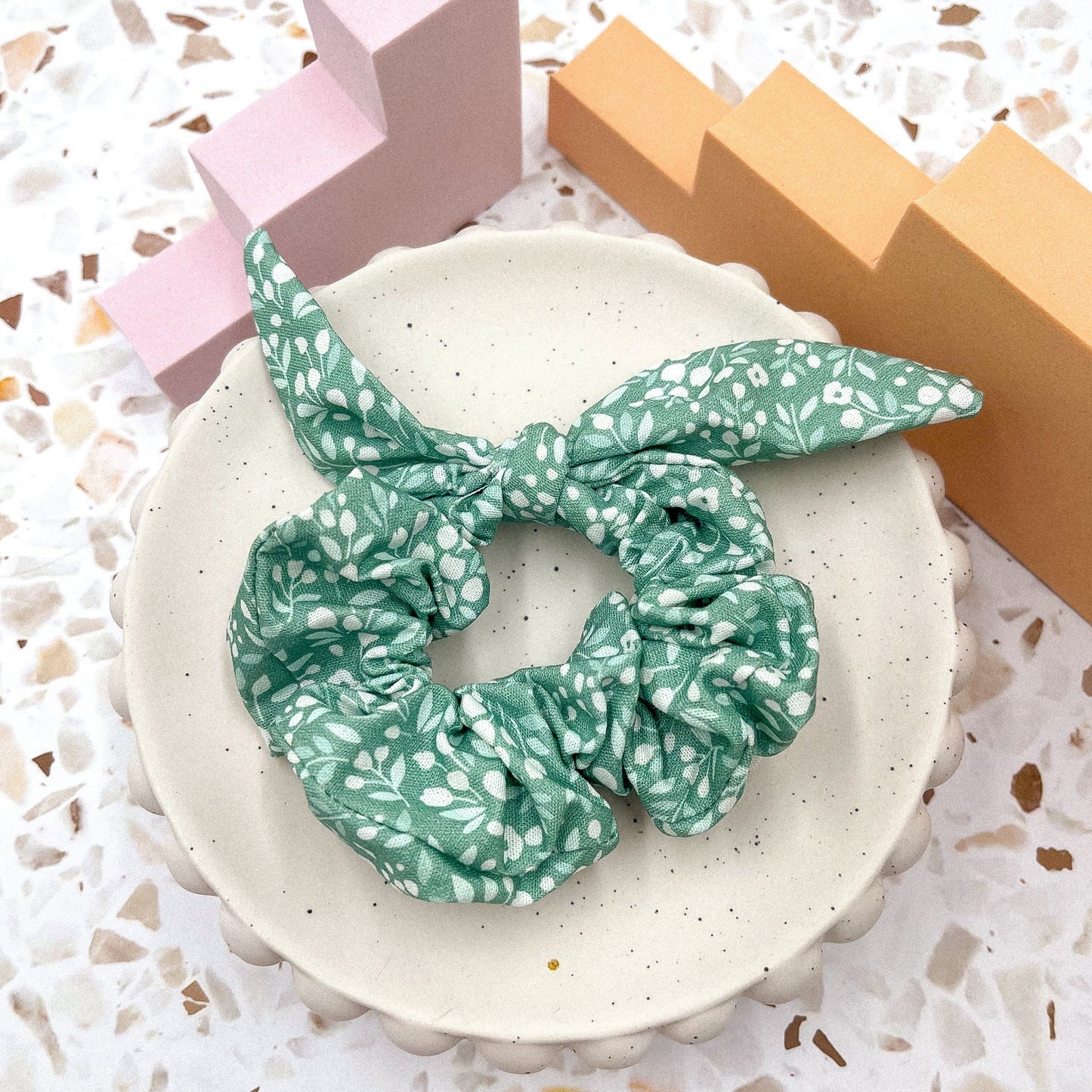 Sage green floral scrunchie bow