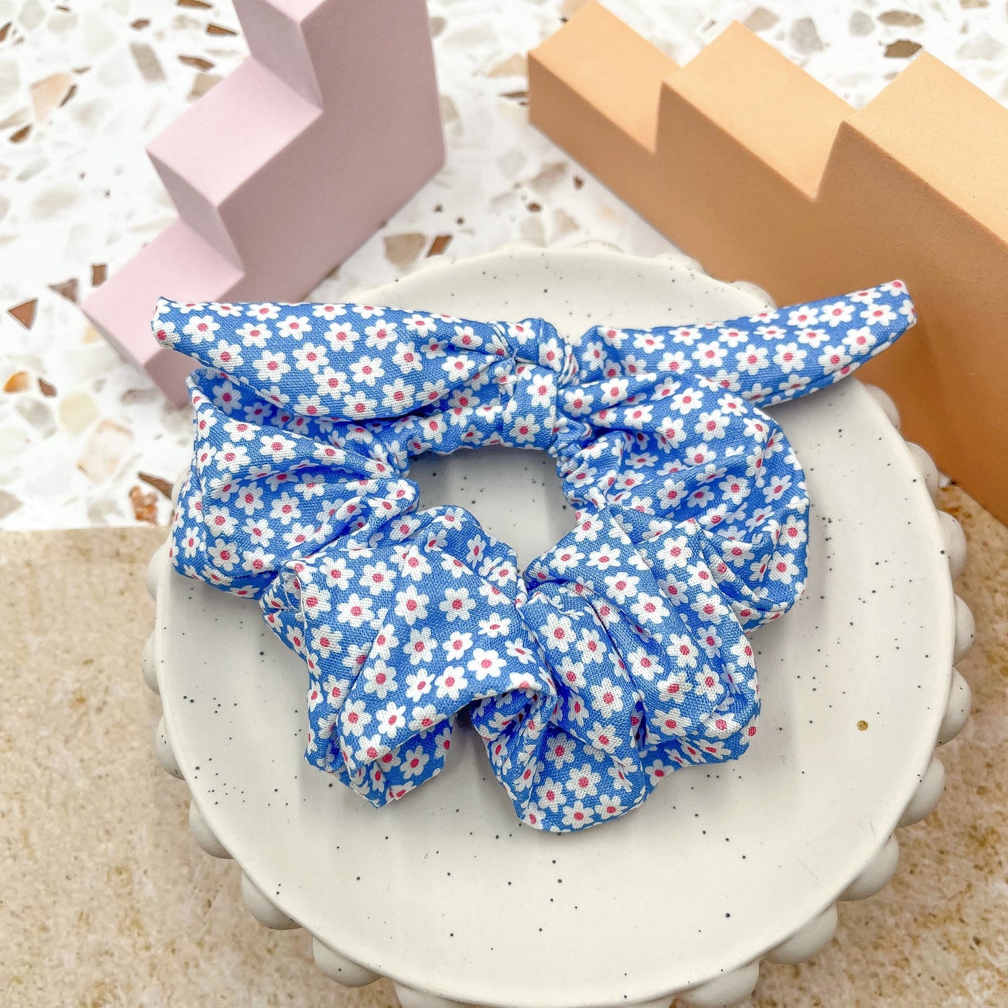 Bright blue floral scrunchie bow