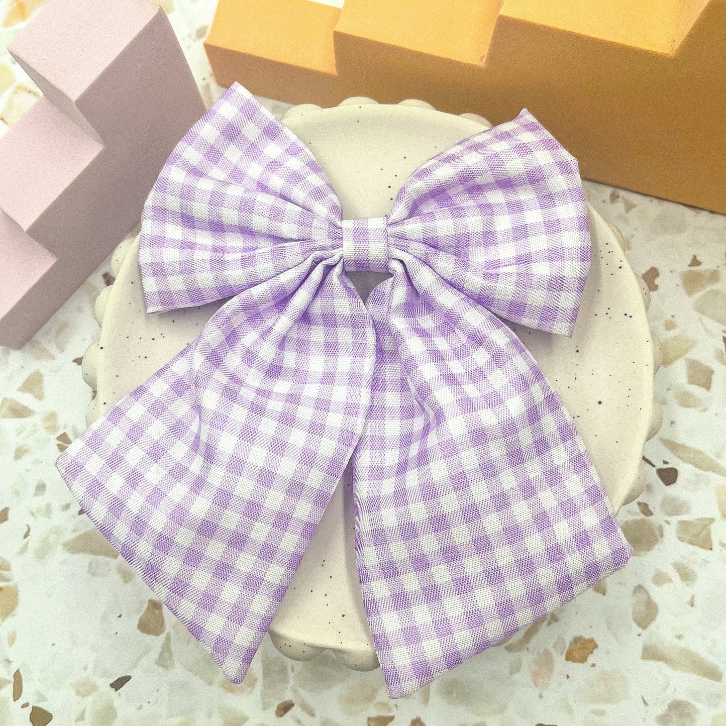 Lavender gingham hair bow