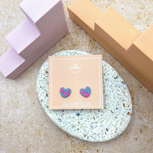 Fluro pink speckle heart studs
